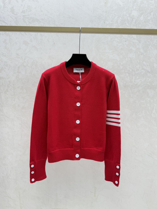 Thom Browne Contrasting Back Puppy Round-Neck Knit Long-Sleeve Cardigan in Scarlet