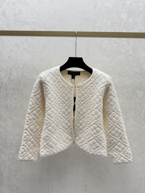 Louis Vuitton Solid Monogram Letter Jacquard Round-Neck Long-Sleeve Cardigan in White