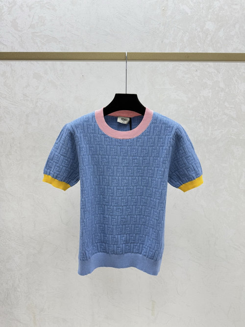Fendi Contrasting Monogram Letter Round-Neck Short-Sleeve Knit in Blue