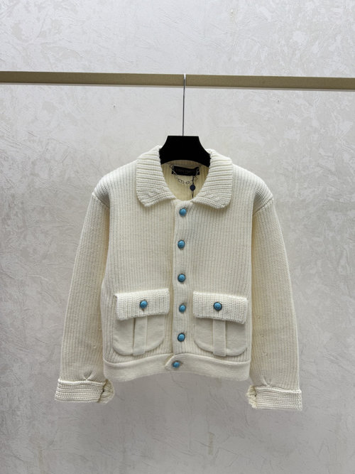 Louis Vuitton Solid Collared Simple Knitted Long-Sleeve Cardigan in White