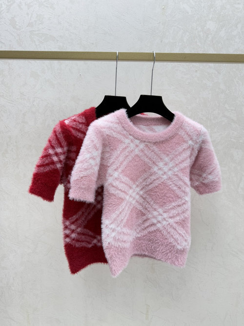 Burberry Color-Blocked Checker Round-Neck Knit Short-Sleeve in Pink and Red