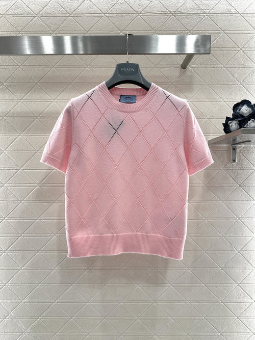 Prada Pink Round Neck Knit Short Sleeve with Lattice Pattern, Comfortable and Chic