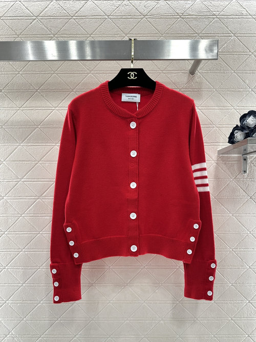 Thom Browne Classic Dachshund Pattern Four-Bar Knit Cardigan with Color Contrast