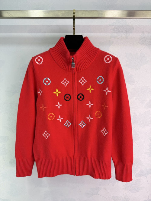 Louis Vuitton Stand Collar Zipper Embroidered Long Sleeve Cardigan with Four - Leaf Clover Design