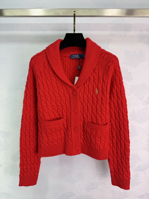 Polo Ralph Lauren Red Cable Knit Cardigan with Horse Embroidery, Elegant and Festive Style