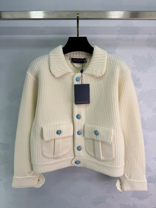 Louis Vuitton Chunky Knit Oversized Cardigan with Peacock Blue Buttons and Multiple Styling Options