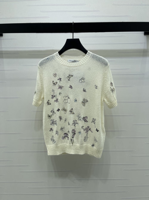 Dior High-End Short-Sleeve Knit with Butterfly Embroidery and Logo