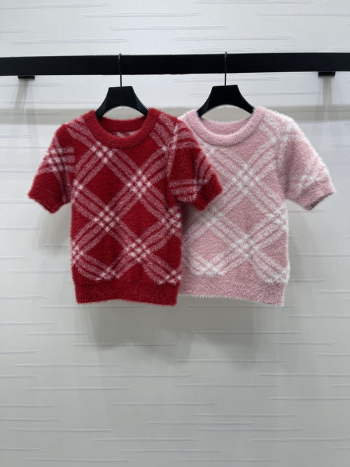 Burberry Fuzzy Checkered Knit Short Sleeve Pullover