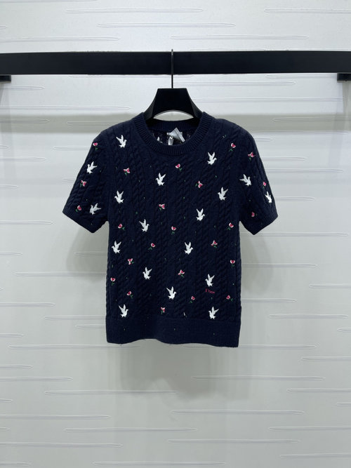 Dior Exquisite Round Neck Rose Broken Flower Knit Short Sleeve with Fine Details