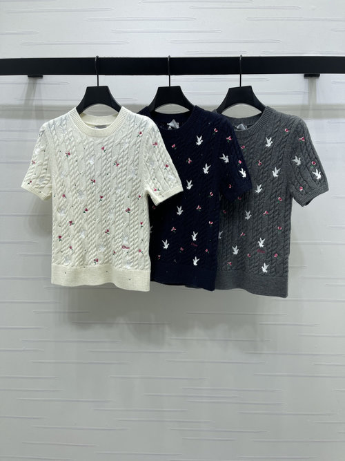 Dior Exquisite Round Neck Rose Broken Flower Knit Short Sleeve with Fine Details