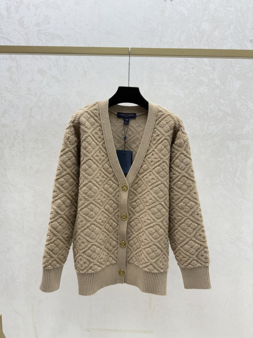 Louis Vuitton Solid Color Floral Letter Jacquard V-Neck Knitted Long Sleeve Cardigan in Khaki