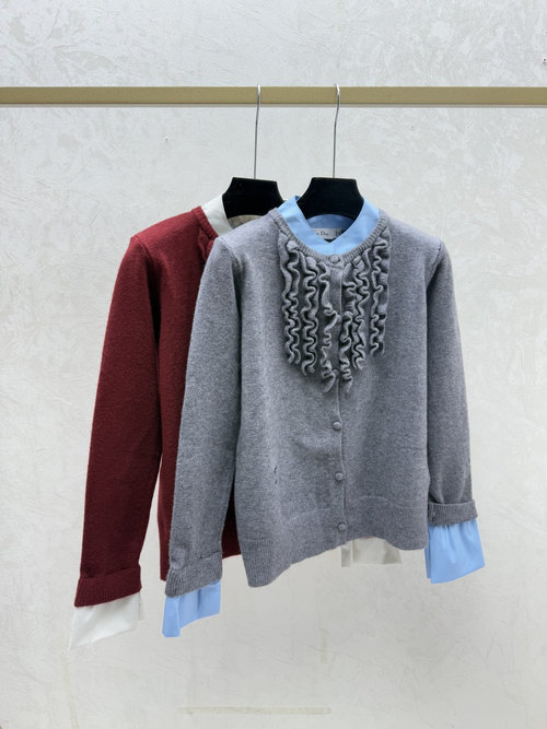 Dior Contrast Lace Crew Neck Knit Cardigan in Neutral Tones