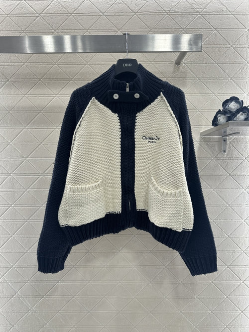 Dior Interwoven Color Knitted Zippered Jacket with Embroidered Logo