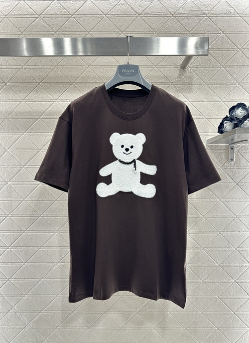 Prada Short-Sleeve T-Shirt with Embroidered Teddy Bear, Charming and Fashionable