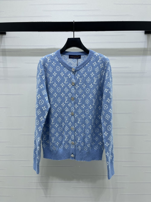 Louis Vuitton Jacquard Round-Neck Long-Sleeve Cardigan Featuring Elegant Logo Motifs