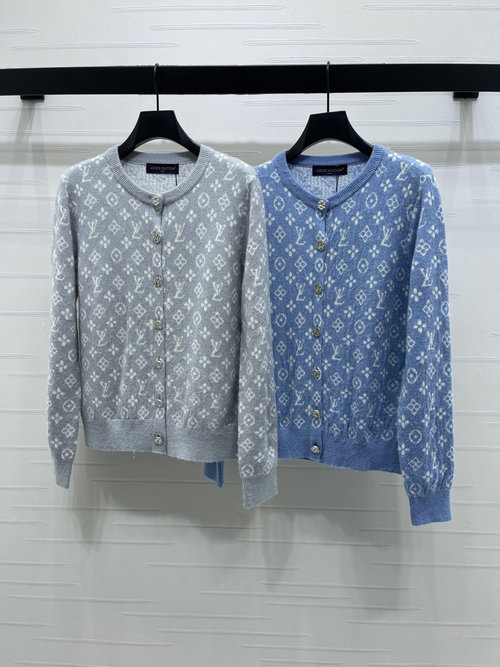 Louis Vuitton Jacquard Round-Neck Long-Sleeve Cardigan Featuring Elegant Logo Motifs