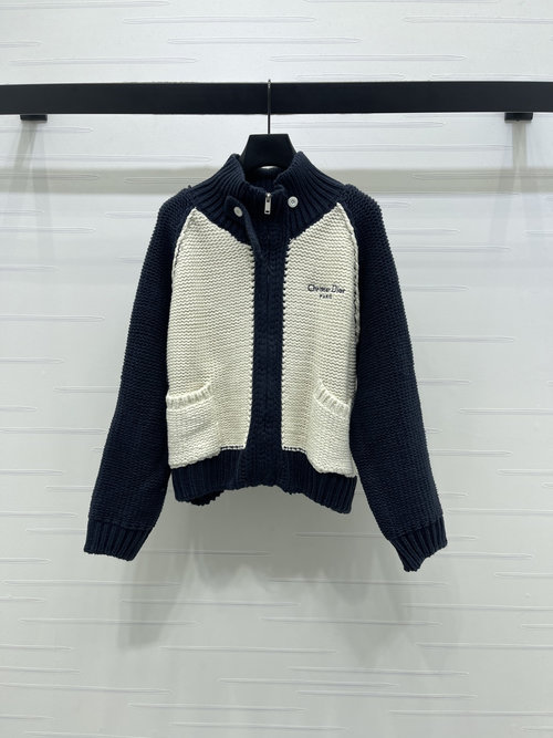 Dior Stand Collar Zip Long Sleeve Cardigan with Embroidered Logo, New Collection
