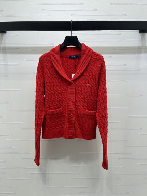 Polo Ralph Lauren Twist Collar Knit Cardigan with Horse Logo and Pockets, New Collection