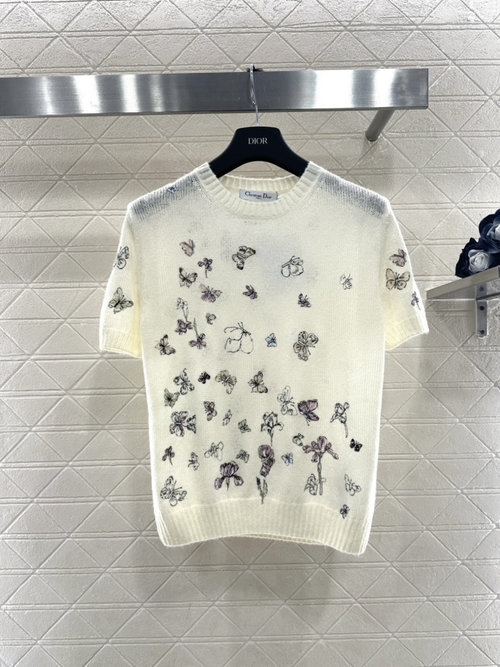 Dior Custom Knitted Short-Sleeved Top with Butterfly Embroideries, Elegant and Comfortable