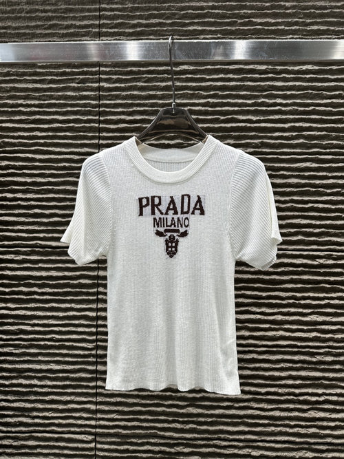 Prada Jacquard Letter Knit Short-Sleeve Top