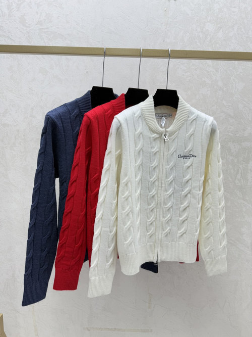 Dior Back Color-Blocking Star & Letter Embroidery Round Neck Knit Long Sleeve Cardigan