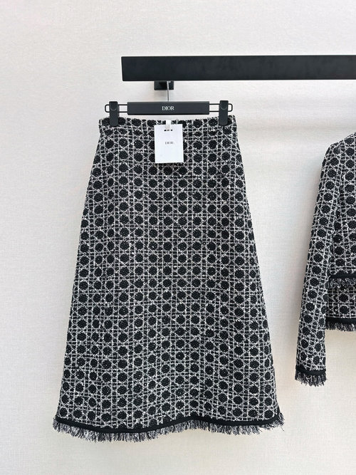 Dior Classic Long Half Skirt in Tweed Fabric with Fringe Edge, Elegant Black and White