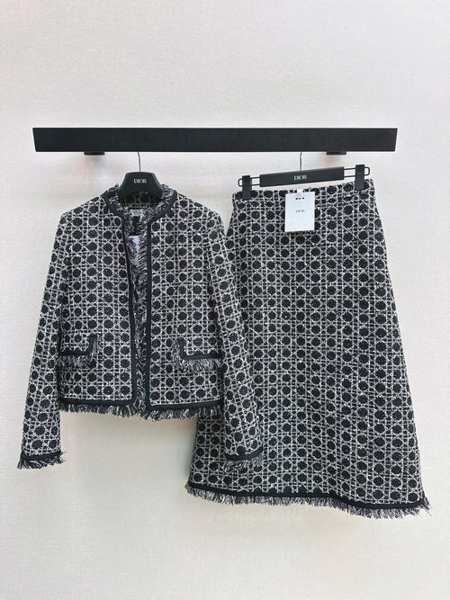 Dior Tweed Collared Coat with Fringed Edge and H-Shape