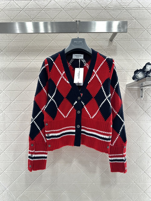 Thom Browne College Checked Knit Cardigan with Red - Black Checks and Stripes
