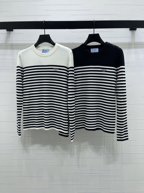 Prada Striped Crew-Neck Knit Long-Sleeve Top