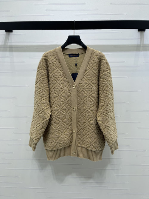 Louis Vuitton V-Neck Knit Long-Sleeve Cardigan with Four-Leaf Clover Jacquard