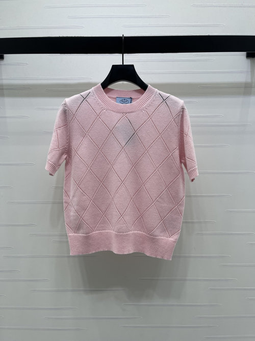 Prada Crew-Neck Checked Knit Short-Sleeve Top