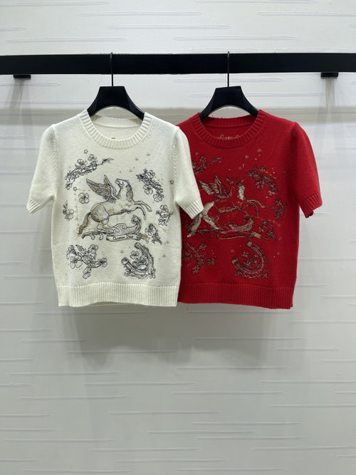 Dior Spring Arrival: Red Pegasus Embroidered Knit Short Sleeve with Floral Details