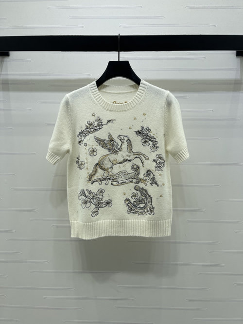 Dior Spring Arrival: Red Pegasus Embroidered Knit Short Sleeve with Floral Details