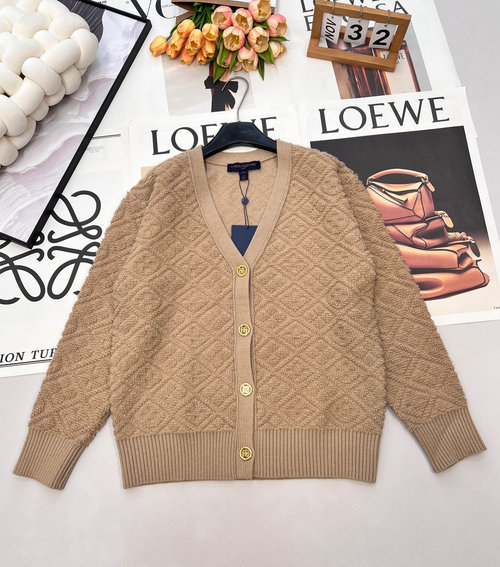 Louis Vuitton Camel Relief Square Monogram Wool-Cashmere Cardigan