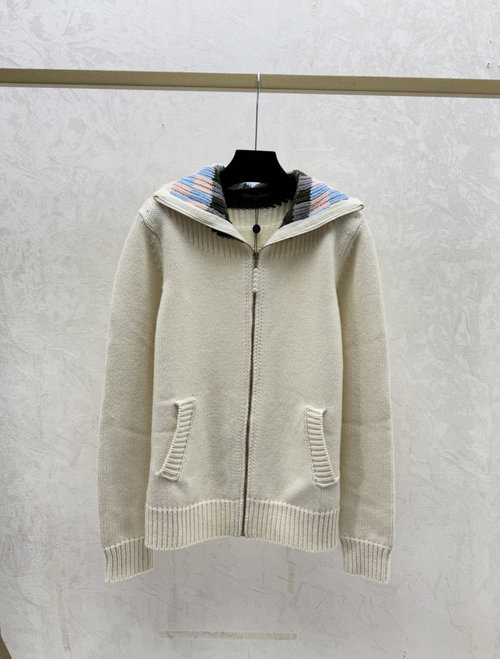 Louis Vuitton White Contrasting Color Collar Letter Knitted Long Sleeve Cardigan