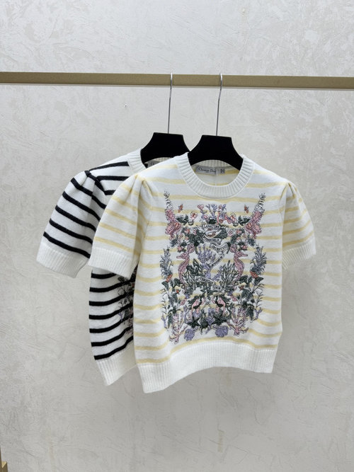 Dior Yellow and Black Contrasting Color Stripe Embroidery Round Neck Knitted Short Sleeve