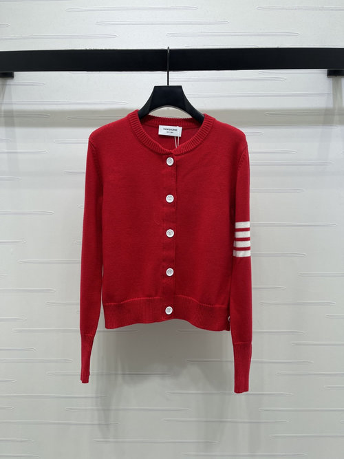 Thom Browne Wool Blend Cardigan with Striped Details and Hooked Knit Texture