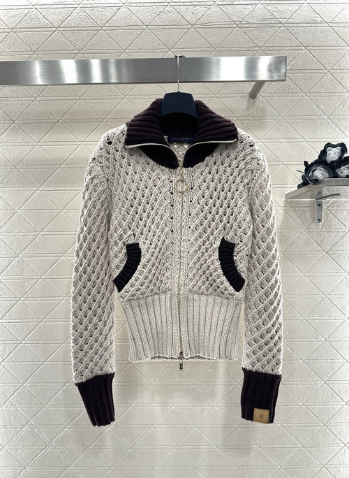 Louis Vuitton Knitted Zip-up Jacket with Contrasting Collar, Khaki for Layering