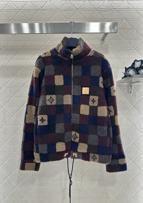 Louis Vuitton Customized Checked Teddy Furry Collared Jacket with Logo