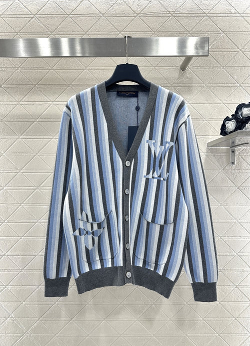Louis Vuitton Custom Wool V-Neck Striped Knit Cardigan with Luxury Logo