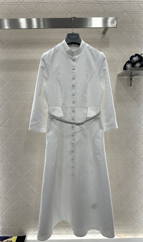 Dior Customized White Collared Belted Dress with Floral Ruffled Texture
