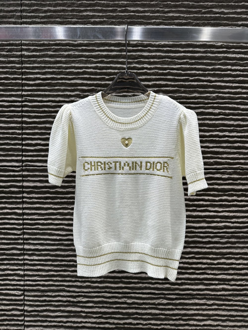 Dior New Design: Bubble Sleeve Gold Thread Jacquard Letter Wool Short Sleeve