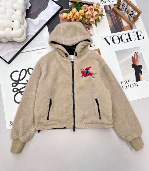 Burberry Warhorse Embroidery Lamb Wool Hooded Teddy Coat for Elegance