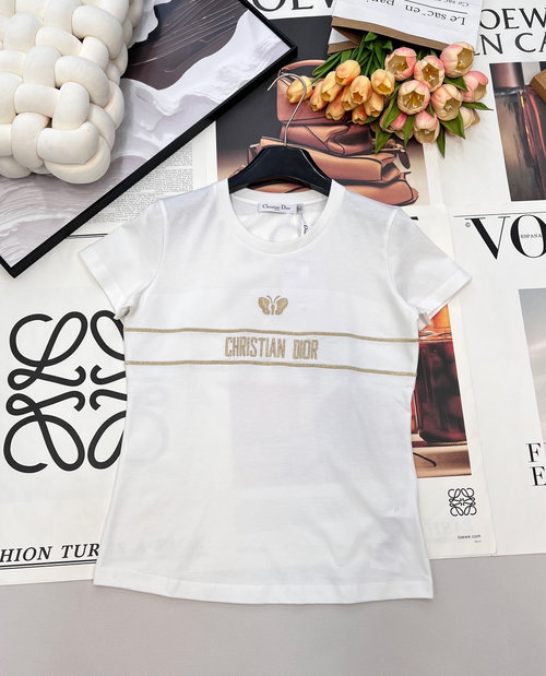 Dior Golden Glitter Butterfly Embroidery Short-Sleeve T-Shirt