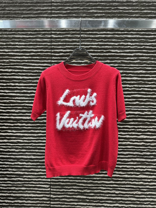 Louis Vuitton Red Round-Neck Short-Sleeve Top with Signature Lettering