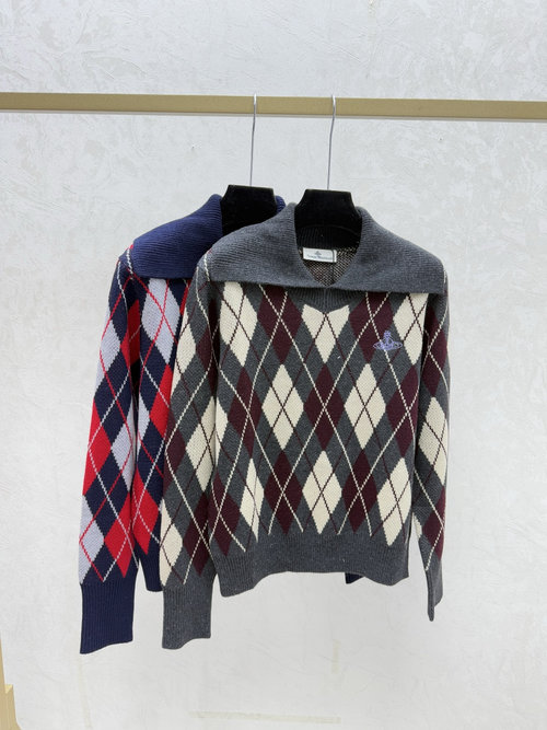 Louis Vuitton Color-Blocked Checked Collared Knitted Long-Sleeve in Gray and Royal Blue