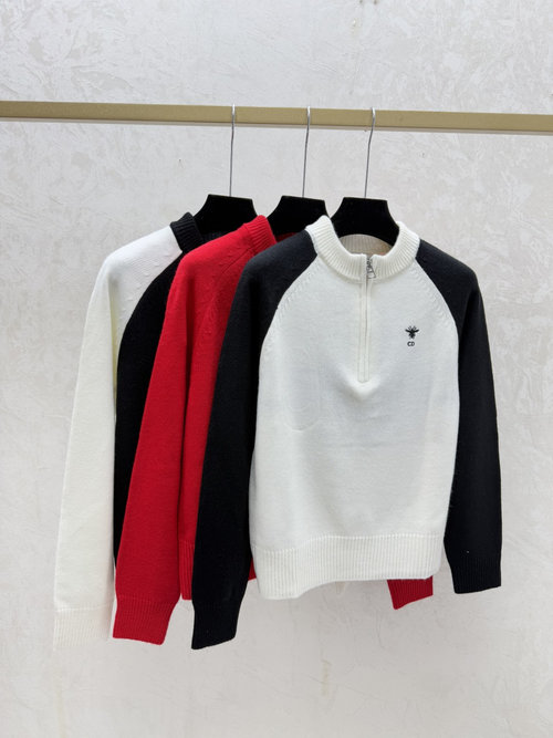 Dior Color-Blocked Long-Sleeve Cardigan with Star-Letter Design on Back in White, Red, Black