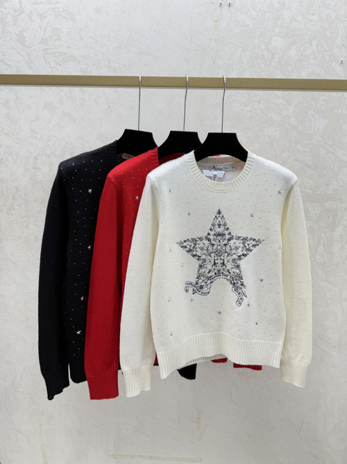 Dior Contrasting Color Star Embroidery Round Neck Knit Long Sleeve in White, Red, Black