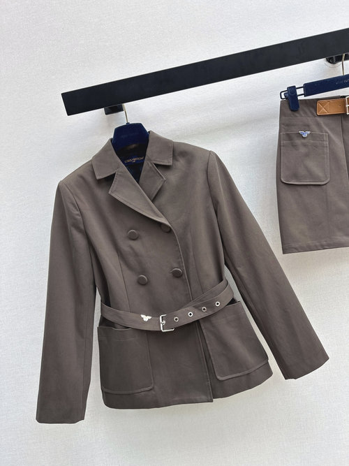 Louis Vuitton Elegant Double Breasted Blazer with Belted Pleated Skirt Set