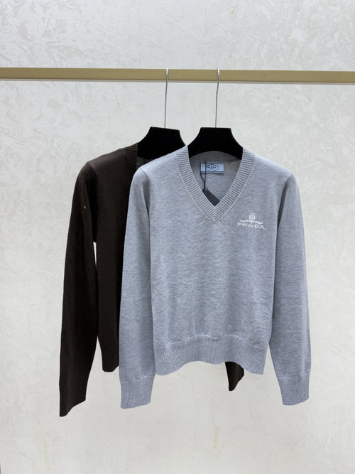 Prada Contrasting-Color Letter V-Neck Knit Long-Sleeve in Gray and Coffee